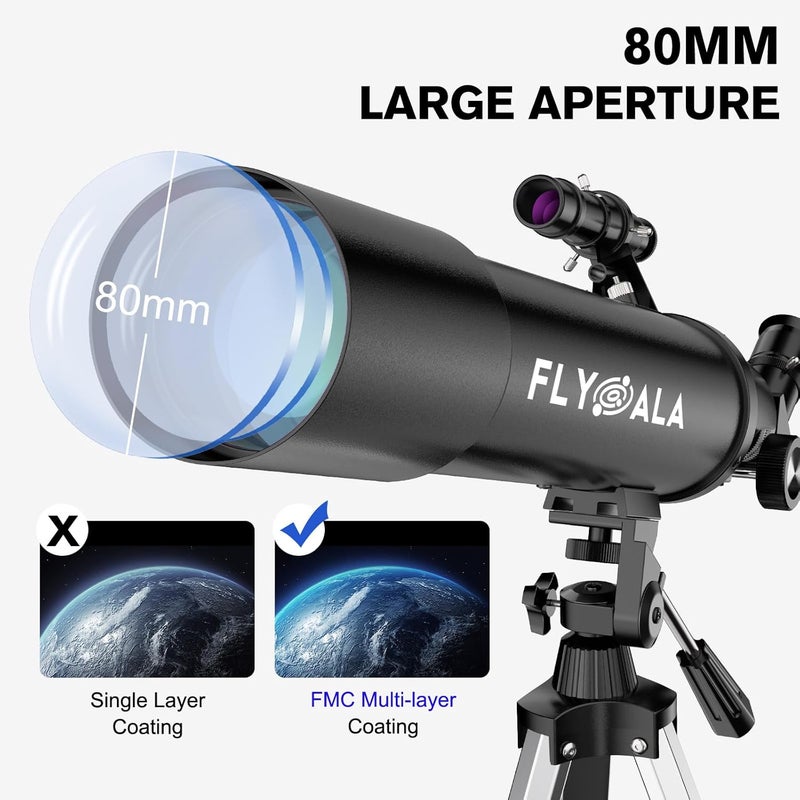FlyGala Telescope for Kids and Adults,80mm Aperture 600mm Focal Length Beginners Astronomical Telescope for Adults high Powered (30X-750X),Refractor Astronomy telescopes Kids 6-8 8-12 Over 5 Year Old - Image 3